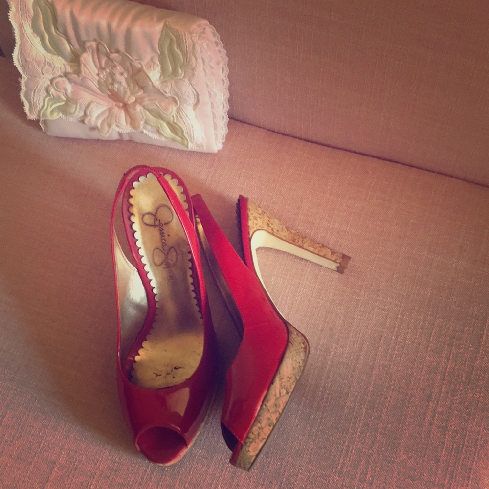 JESSICA SIMPSON RED CORK HEELS SIZE 6